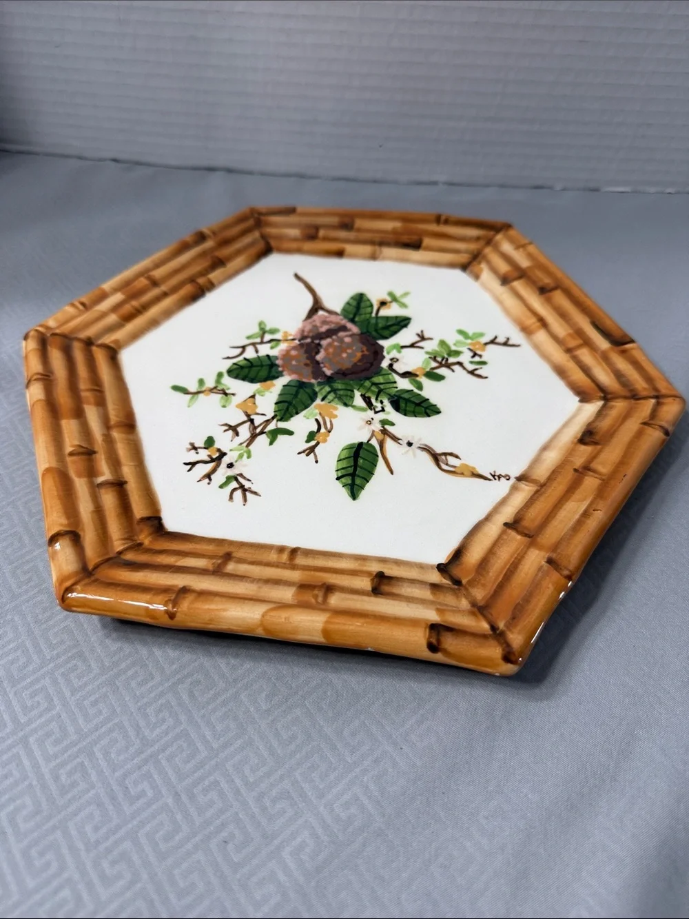 Vtg Mariposa Xanadu Faux Bamboo Octagonal Ceramic Luncheon Plate  Hand Painted